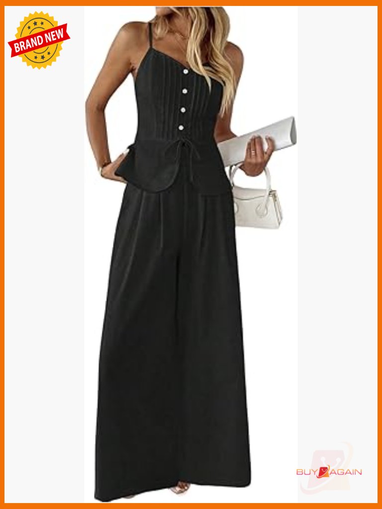 Women's 2 Piece Summer Outfit Button Down Cami Top Wide Leg Pants Set